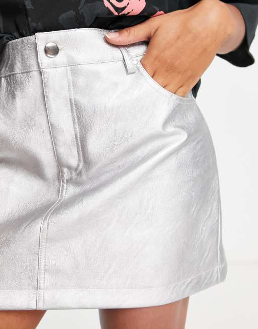 Topshop leather look denim styling mini skirt in metallic silver ASOS