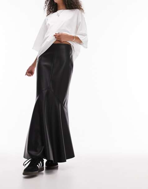 Topshop leather look fishtail maxi skirt in black - view 1