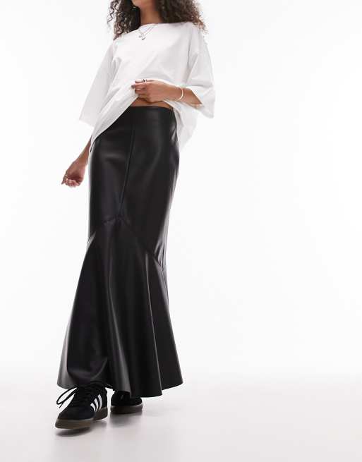 Topshop leather look fishtail maxi skirt in black | ASOS