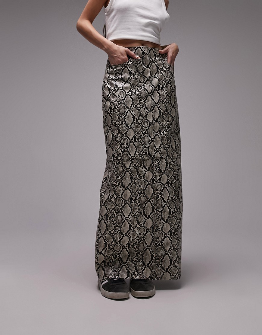 Topshop leather look maxi skirt in grey snake print-Multi