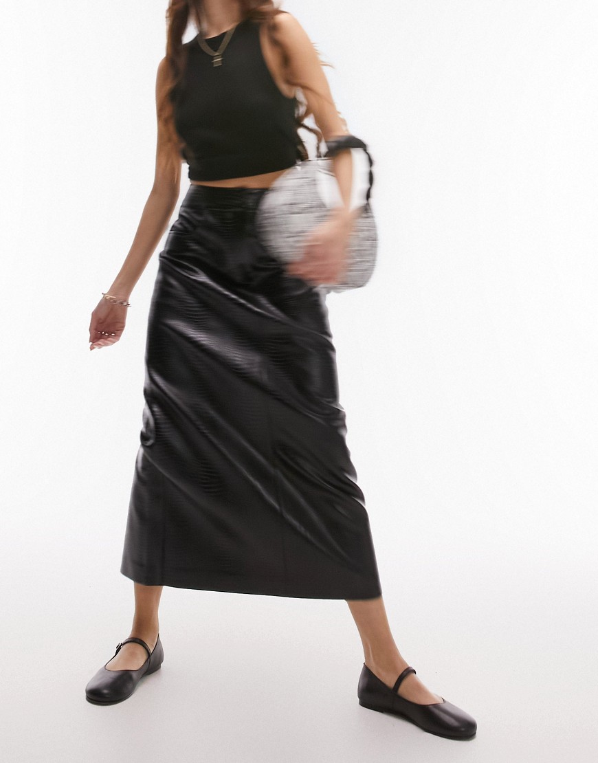 Topshop leather look midi skirt in black snake print