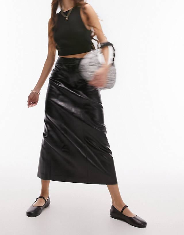 Topshop - leather look midi skirt in black snake print