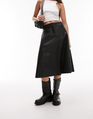 Topshop leather look midi skirt with circle detail in black