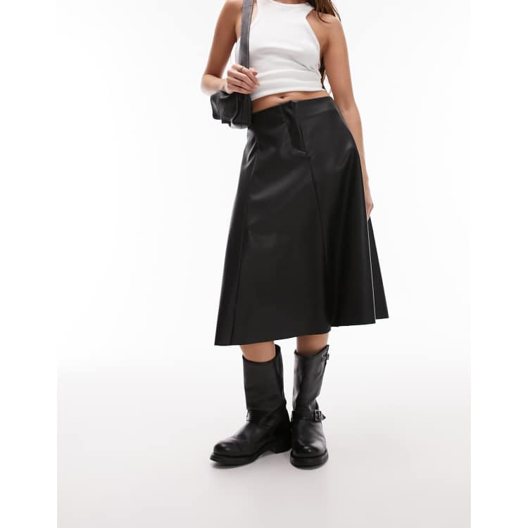 Topshop leather-look midi skirt with circle detail in black