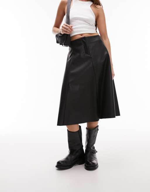 Topshop leather-look midi skirt with circle detail in black