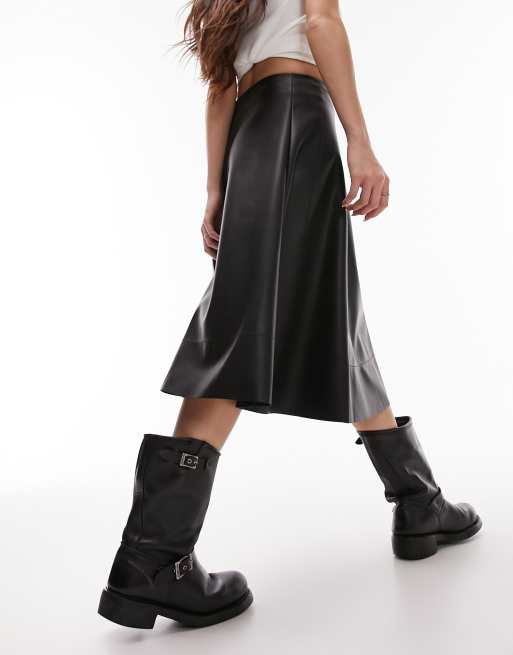 Topshop leather-look midi skirt with circle detail in black