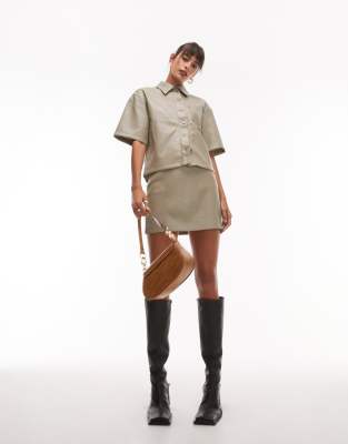 leather look mini skirt in dark khaki - part of a set-Green