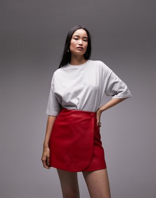 Topshop Leather Look Mini Skirt With Button Detail In Red