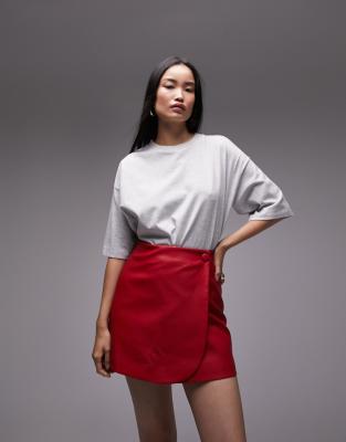 Topshop leather look mini skirt with button detail in red - ASOS Price Checker