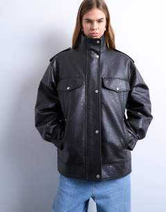 Leather look oversized funnel neck zip through jacket in black