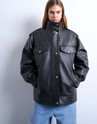 Topshop Leather Look Oversized Funnel Neck Zip Up Jacket In Black