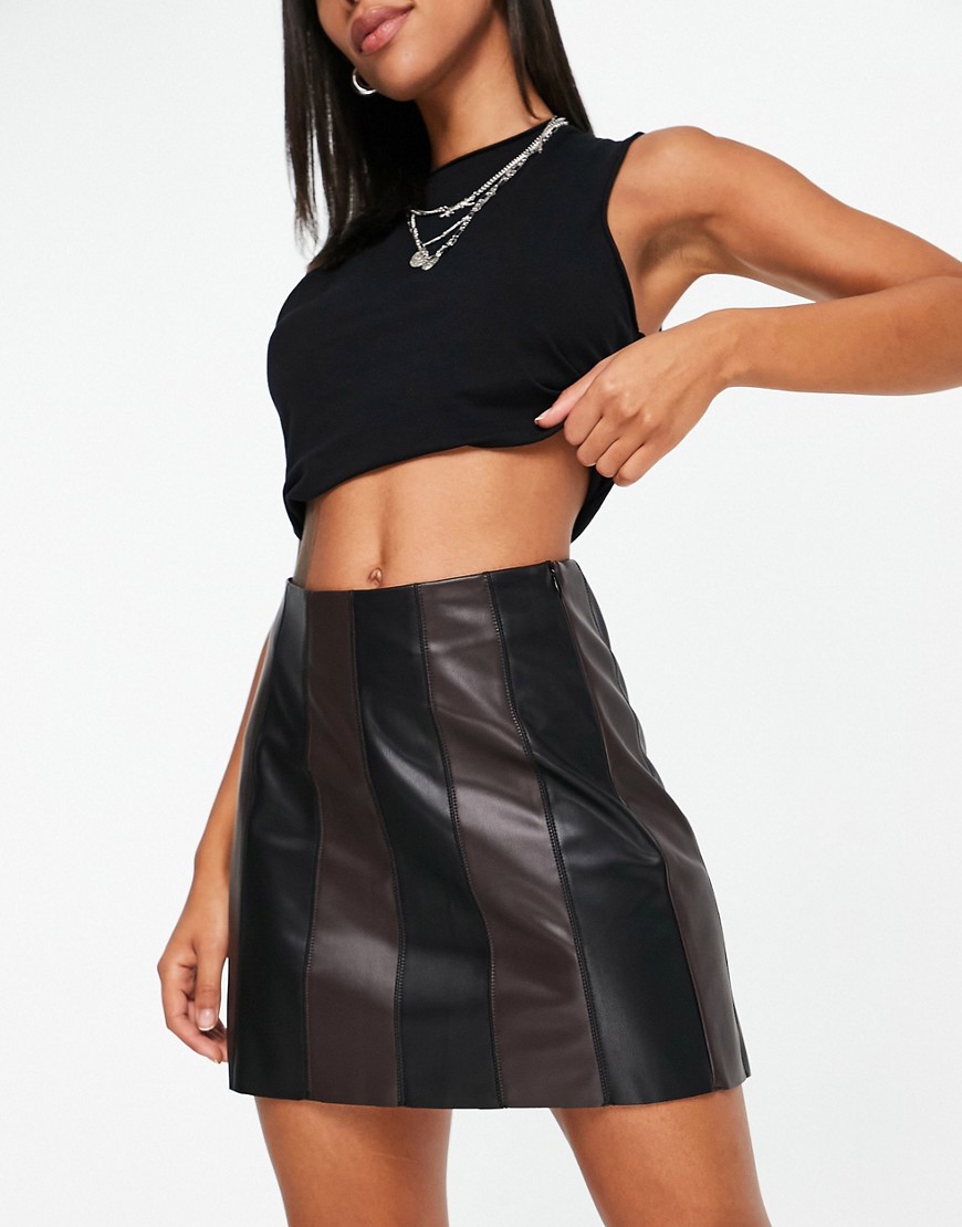 Topshop leather look paneled mini skirt in chocolate and black