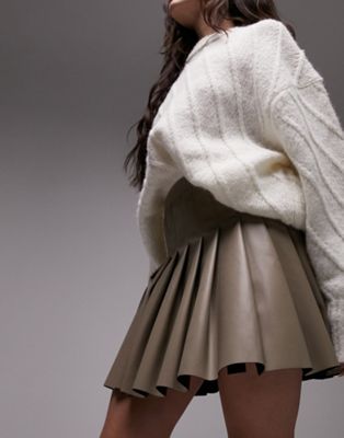 Topshop leather look pleated mini skirt in fawn