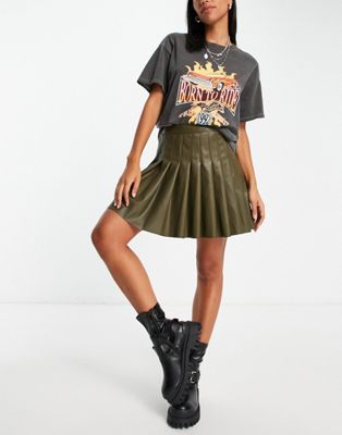 Topshop leather look pleated mini skirt in olive