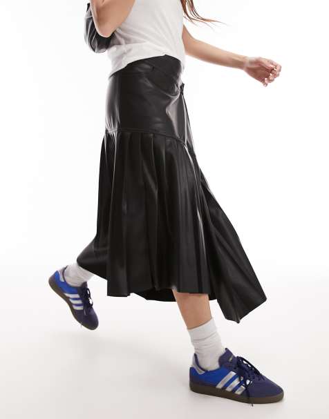 Topshop leather look pleated panel wrap midi skirt in black - view 1