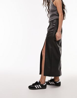 Topshop leather look ruched side midi skirt in black