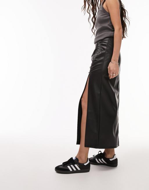 Ruched Leather Midi Skirt - Black