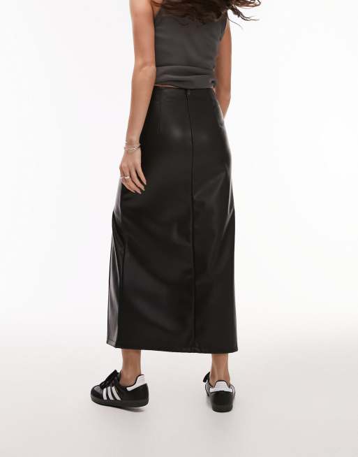 Topshop leather look ruched side midi skirt in black ASOS