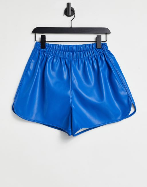 Topshop leather look runner shorts in blue 