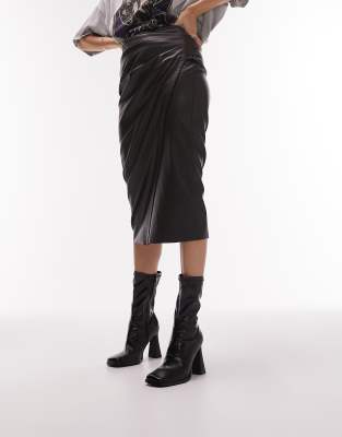 Topshop leather look side tuck pencil midi skirt in chocolate - ASOS Price Checker