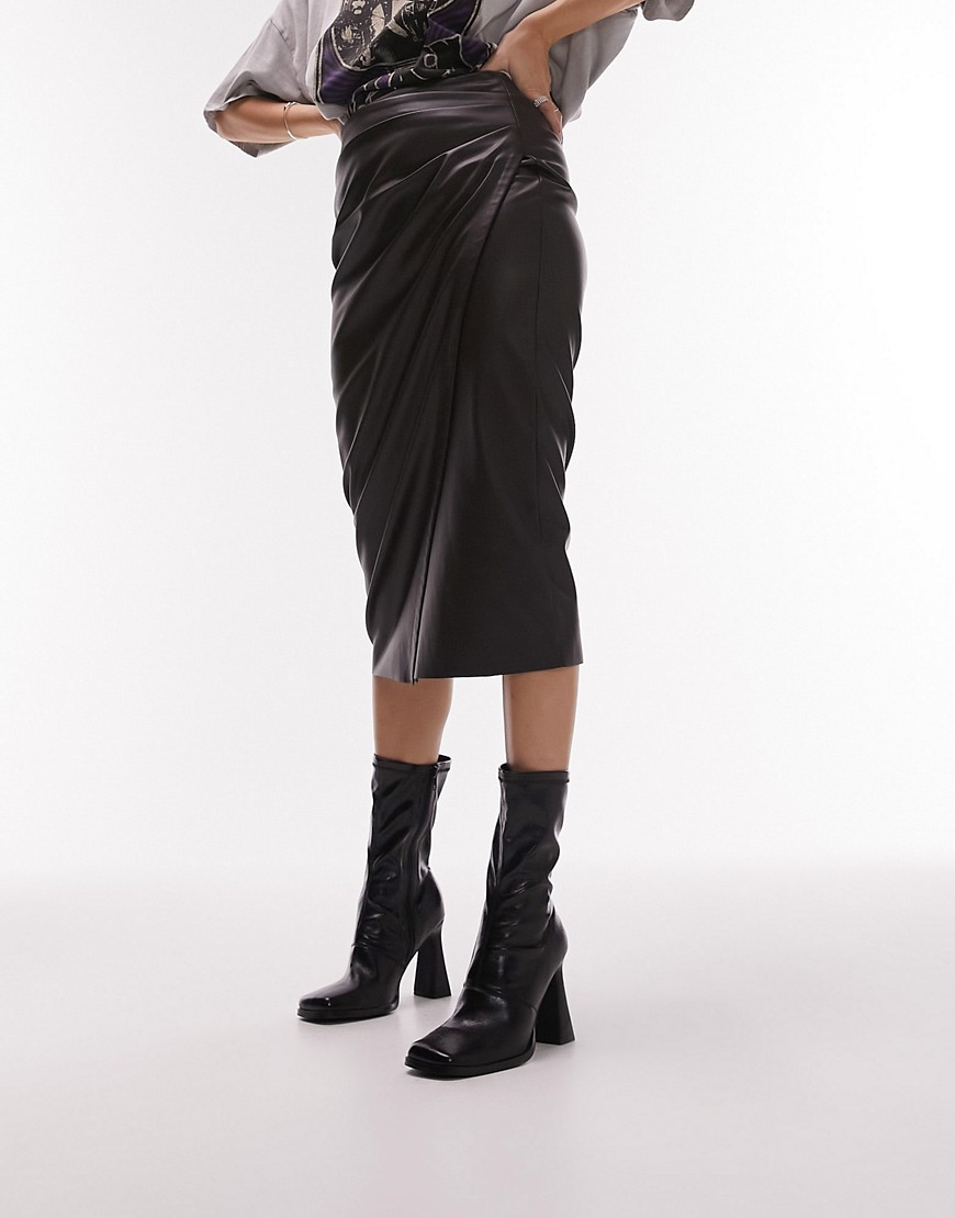 Topshop Leather Look Tuck Side Split Mini Skirt In Chocolate-brown
