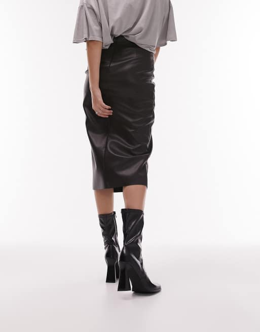 Topshop leather look side tuck pencil midi skirt in chocolate