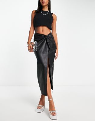 Topshop Leather Look Side Twist High Slit Midi Skirt In Black