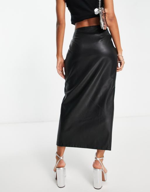 Topshop Petite Leather Look Tie Up High Split Midi Skirt In Black for Women