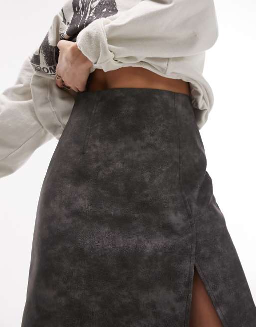 Topshop leather look split seam midi skirt in distressed gray