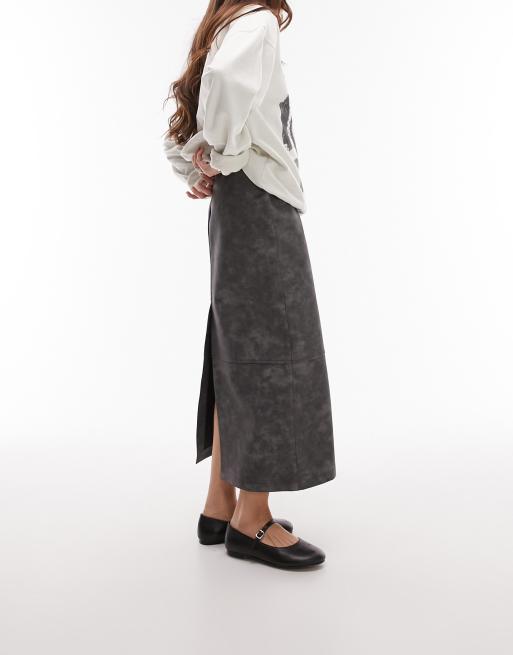 Topshop leather look split seam midi skirt in distressed gray