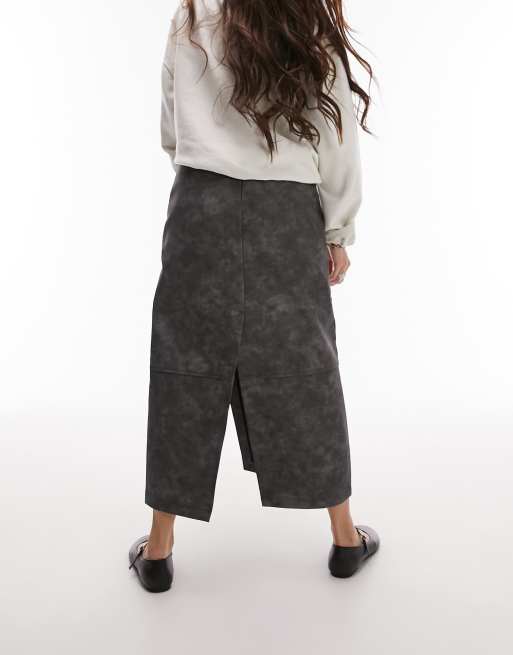 Topshop leather look split seam midi skirt in distressed gray