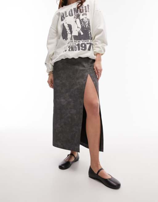 Grey leather hotsell midi skirt