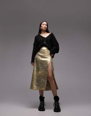 Topshop Leather Look Split Seam Midi Skirt In Gold