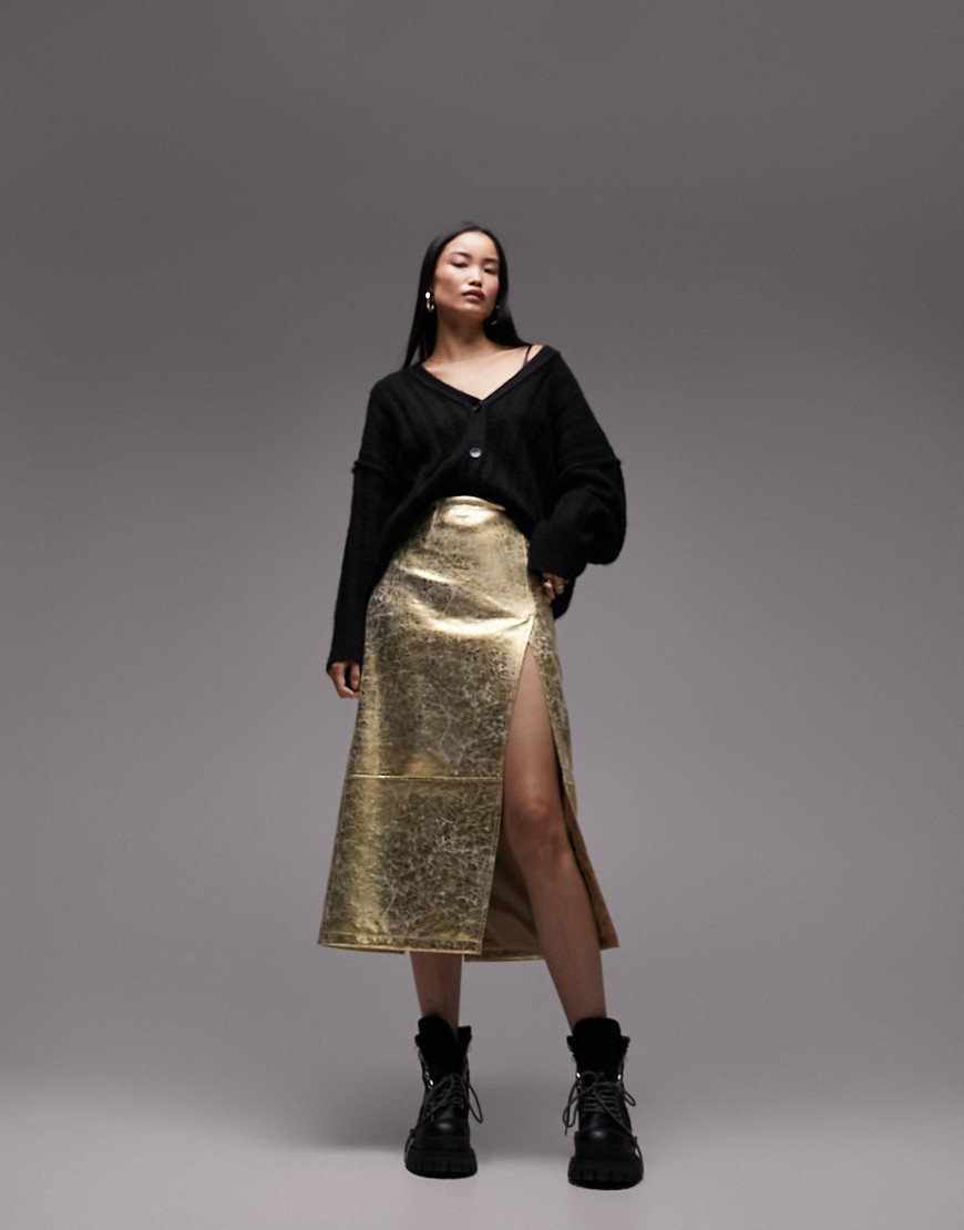 Topshop leather look split seam midi skirt in gold