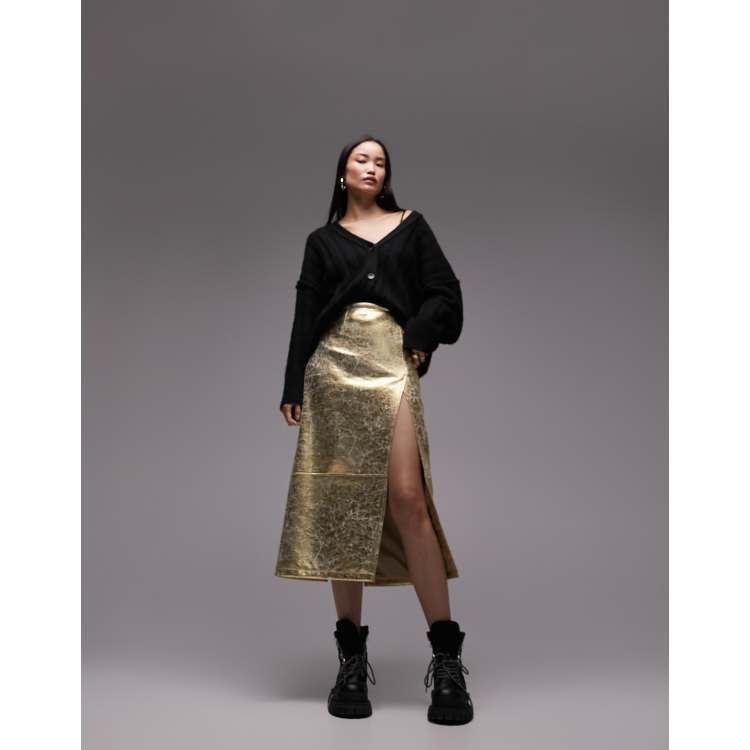 Topshop leather look split seam midi skirt in gold