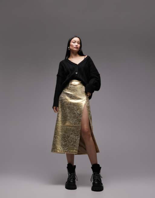 Topshop leather look split seam midi skirt in gold ASOS