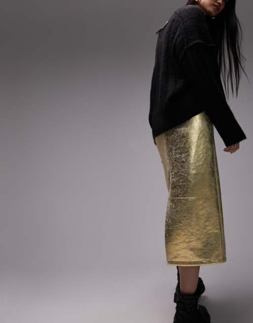 Topshop leather look split seam midi skirt in gold