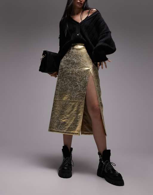 Topshop leather look split seam midi skirt in gold