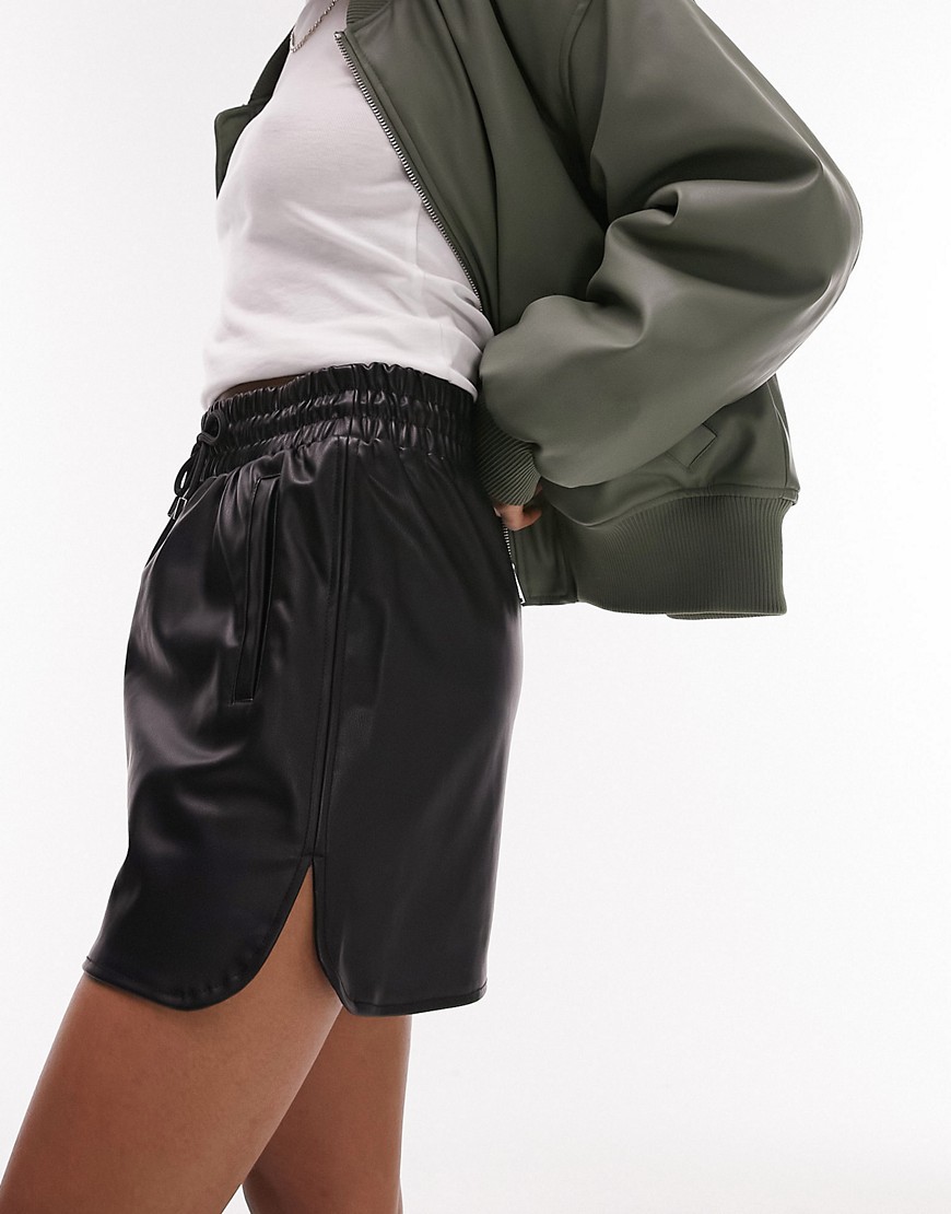 Topshop leather look sporty mini skirt in black
