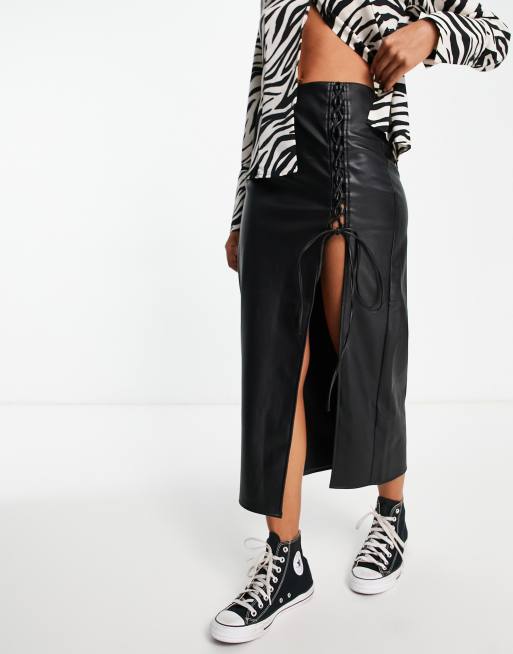 Topshop leather look tie up high split midi skirt in black