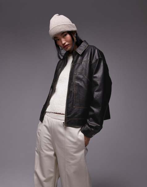 Topshop leather look zip through jacket in black - view 1
