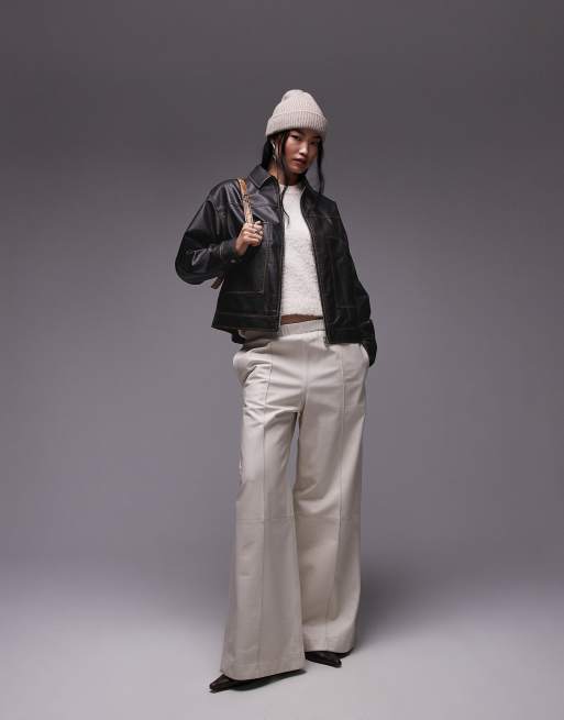 Topshop leather look zip through jacket in black, 3 of 4