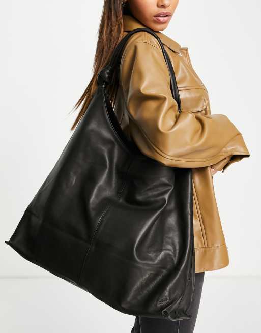 Topshop leather premium oversized knot slouch shoulder bag in black