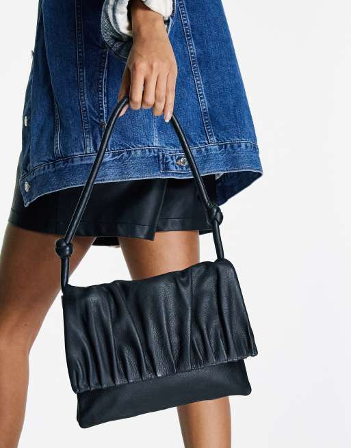 Topshop leather ruched flap shoulder bag in black