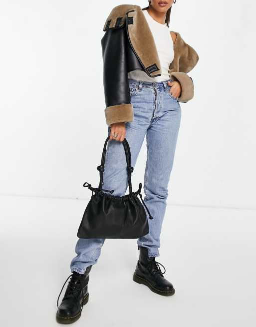 leather ruched shoulder bag in black ASOS