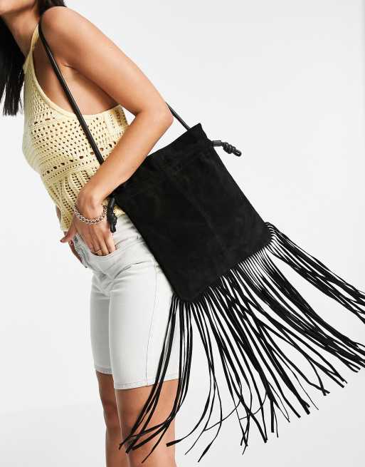 Topshop leather tassel cross body bag in black ASOS