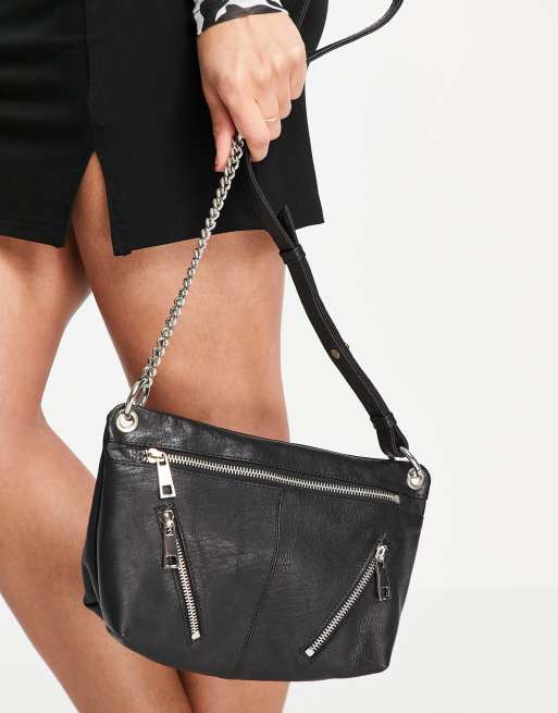 Topshop leather zip cross body bag in black