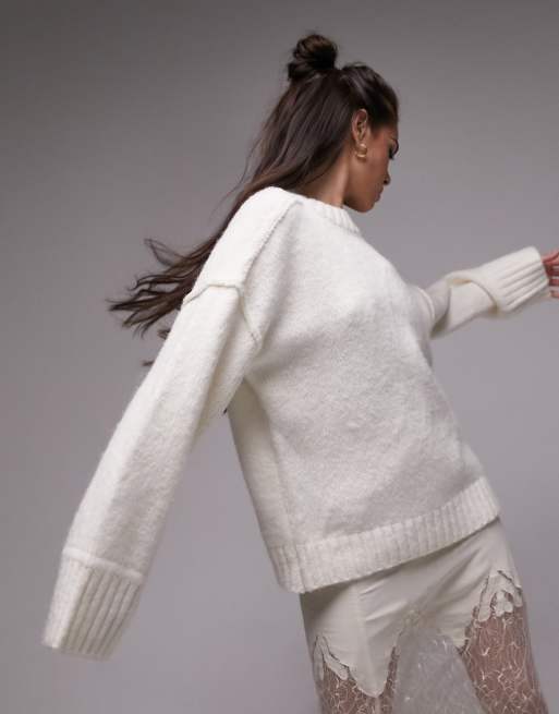 Topshop – Legerer Strickpullover in Elfenbein mit Rundhalsausschnitt und Ziernähten