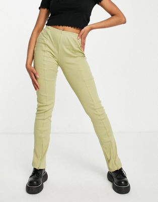 Pantalons et leggings Topshop - Legging évasé côtelé avec ourlet à fente zippée sur le devant - Vert clair
