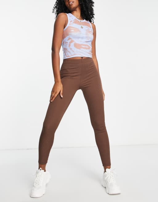 Topshop - Leggings skinny a vita alta color cioccolato a coste